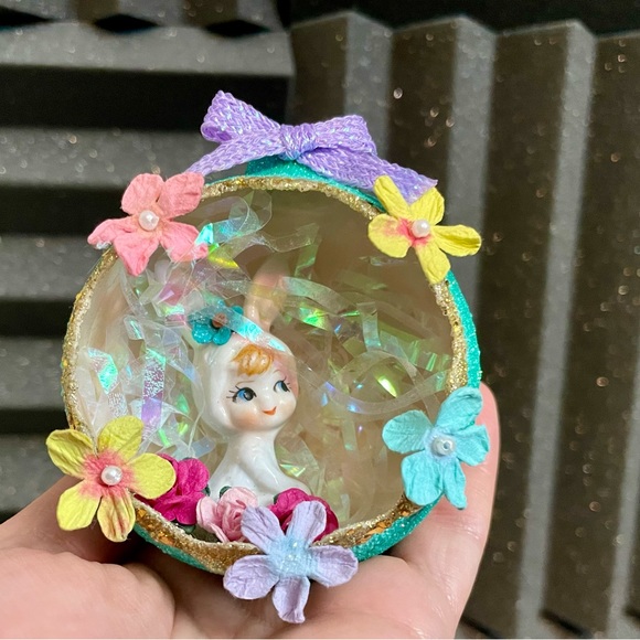 Handcrafted Refurbished Xmas Ball Easter Ceramic Bunny Girl Decorative Glitter - Picture 3 of 12